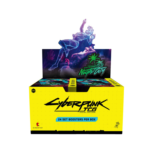 Display Cyberpunk TCG Welcome to Night City, boîte retail ouverte avec son fronton (visuel de la version anglaise)