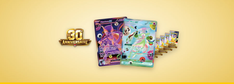 Cartes Mewtwo-ex et Mew-ex Futuriste rare Pokémon 30e Anniversaire en français, boosters et logo 30e Anniversaire