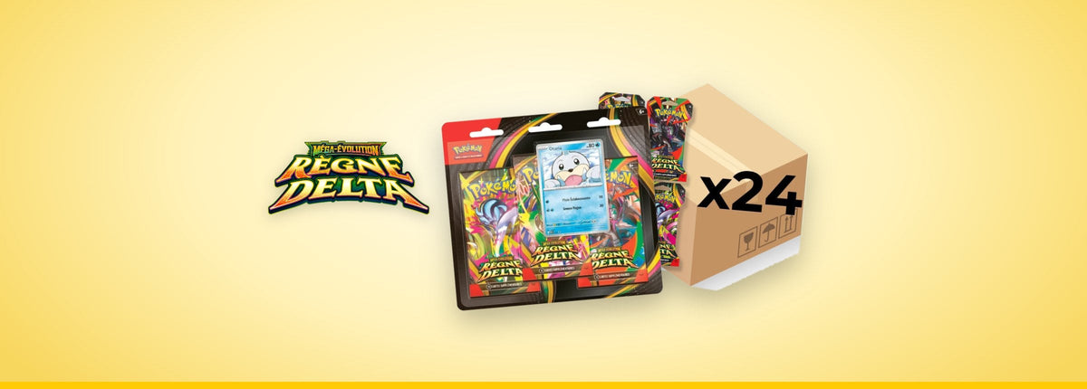 Logo Pokémon Méga-Évolution Règne Delta, case de 24 blisters et tripack Otaria Règne Delta en français
