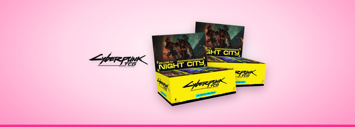 Logo Cyberpunk TCG et displays Welcome to Night City en français et en anglais, sur fond rose