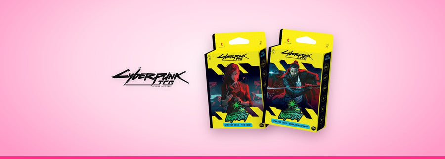 Logo Cyberpunk TCG et decks de démarrage The Heist et Embracing Power en anglais