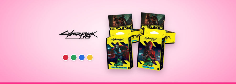 Logo Cyberpunk TCG, displays Welcome to Night City et decks de démarrage The Heist et Embracing Power sur fond rose