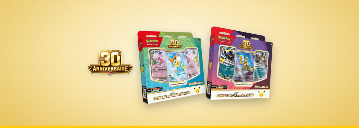 Decks de combat Mentali-ex et Noctali-ex Pokémon 30e Anniversaire en français, à côté du logo 30e Anniversaire