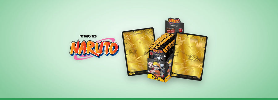Logo Naruto Mythos TCG, display Konoha Shidō (boîte anglaise) et cartes Or Rock Lee et Sasuke de la 2e édition