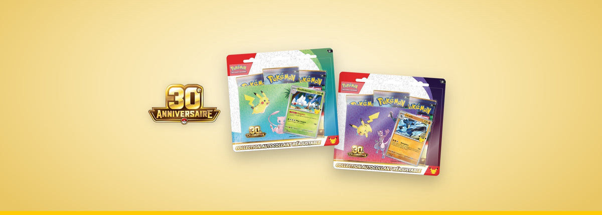 Collections autocollant Noadkoko d'Alola et Lucario Pokémon 30e Anniversaire en français, blisters côte à côte à côté du logo 30e Anniversaire