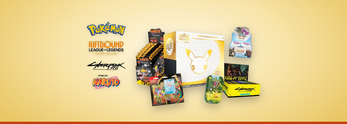 Idées cadeaux de Noël : logos Pokémon, Riftbound, Cyberpunk TCG et Naruto Mythos à côté d'un Coffret Dresseur d'Élite 30 ans, d'un Tripack Otaria, d'une Mini Tin 30 ans et des displays Naruto Mythos, Riftbound Radiance et Cyberpunk TCG, sur fond doré