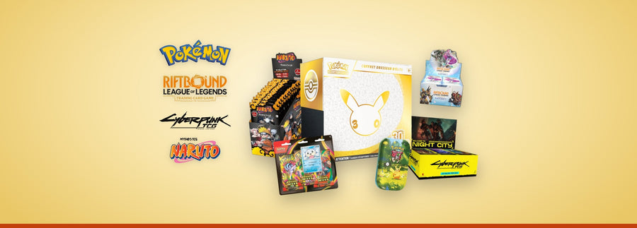 Idées cadeaux de Noël : logos Pokémon, Riftbound, Cyberpunk TCG et Naruto Mythos à côté d'un Coffret Dresseur d'Élite 30 ans, d'un Tripack Otaria, d'une Mini Tin 30 ans et des displays Naruto Mythos, Riftbound Radiance et Cyberpunk TCG, sur fond doré