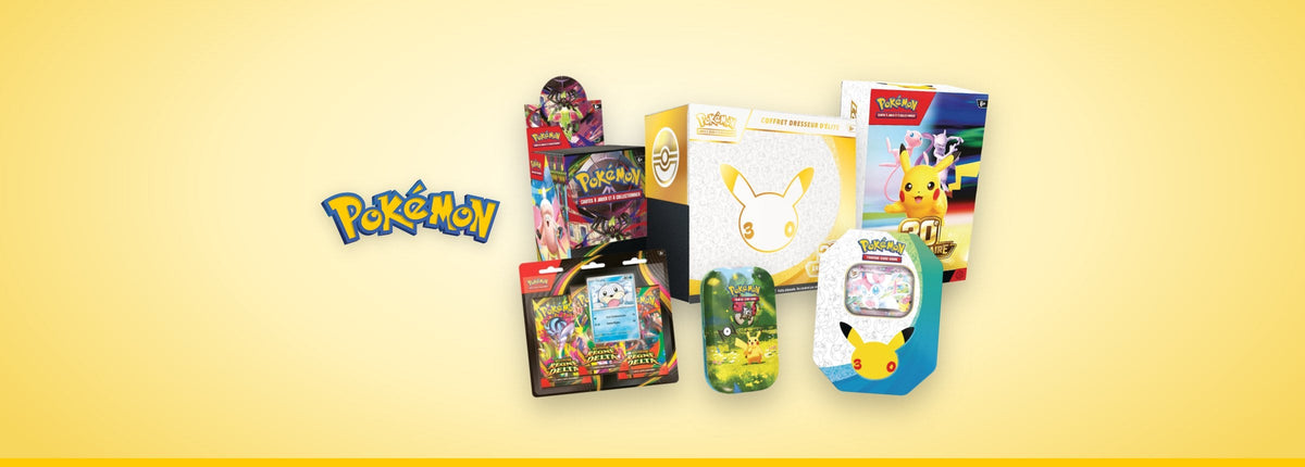 Formats de cartes Pokémon en français : demi-display, Coffret Dresseur d'élite, bundle, Pokébox, tripack et Mini Tin, à côté du logo Pokémon