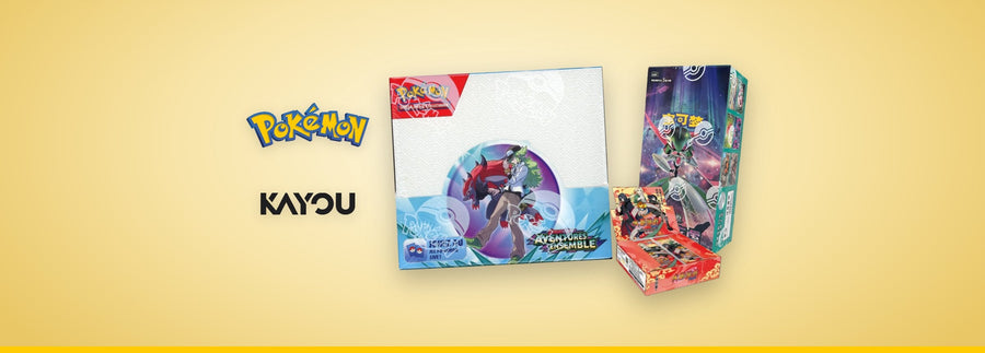 Display Pokémon Aventures Ensemble scellé sous son film à logos, display True Mystery en chinois et display Naruto Kayou, à côté des logos Pokémon et Kayou