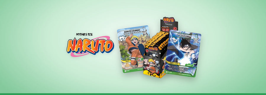 Logo Naruto Mythos TCG à côté du display Konoha Shidō et des cartes Naruto Uzumaki et Sasuke Uchiwa