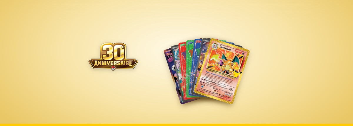 Cartes secrètes Pokémon 30e Anniversaire en éventail (Dracaufeu 4/102, Mew RGB, Pikachu-ex) et logo 30e Anniversaire