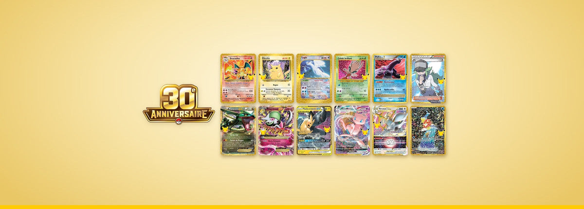 Douze cartes de la Collection Classique Pokémon 30 ans en français, dont Dracaufeu 4/102, à côté du logo 30e Anniversaire