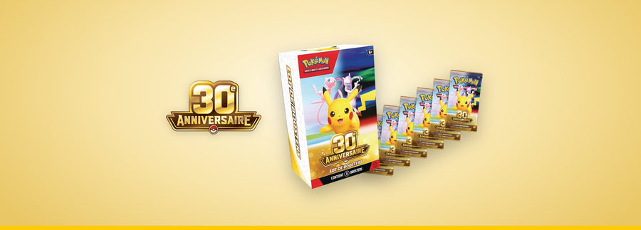 Bundle 6 boosters Pokémon 30e Anniversaire en français et ses 6 boosters en éventail, à côté du logo 30e Anniversaire