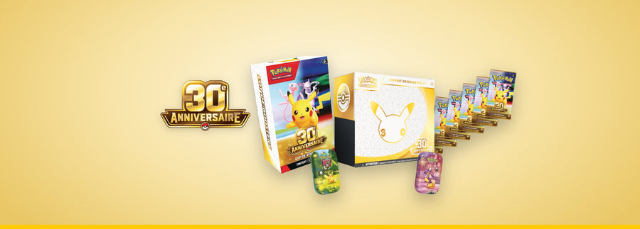 Produits Pokémon 30e Anniversaire : Bundle, Coffret Dresseur d'Élite, boosters et Mini Tins, à côté du logo 30e Anniversaire, sur fond doré