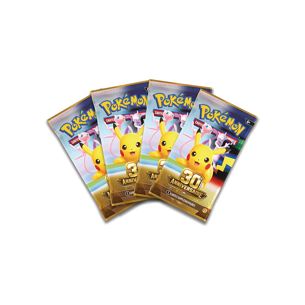Les 4 boosters Pokémon 30e Anniversaire FR du Coffret Amphinobi-ex