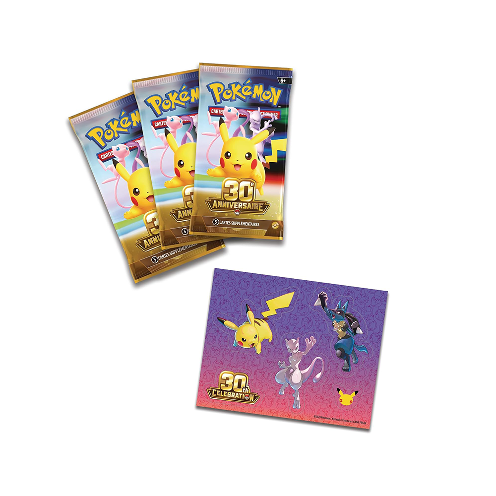 3 boosters Pokémon 30e Anniversaire FR et autocollant de la Collection Autocollant