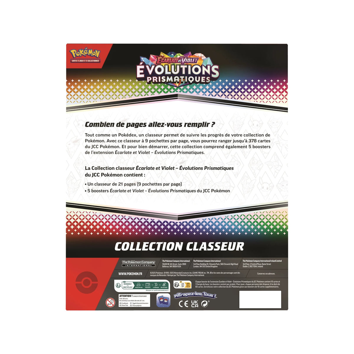 Dos du Coffret Classeur Évolutions Prismatiques en français : classeur de 21 pages et 5 boosters