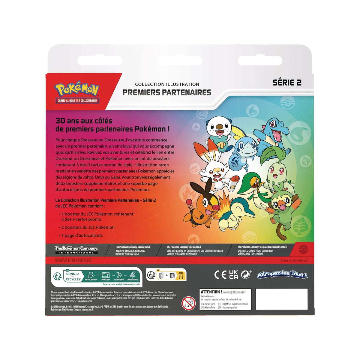 Dos du Coffret Premiers Partenaires Série 2 en français : contenu détaillé et starters de Johto, Unys et Galar