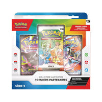 Coffret Premiers Partenaires Série 3 en français, vu de face : booster Série 3 et 2 boosters Méga-Évolution