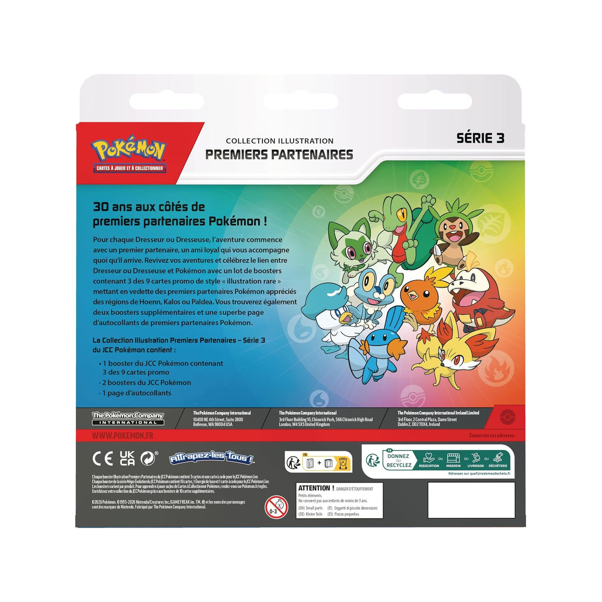 Dos du Coffret Premiers Partenaires Série 3 en français : contenu détaillé et starters de Hoenn, Kalos et Paldea