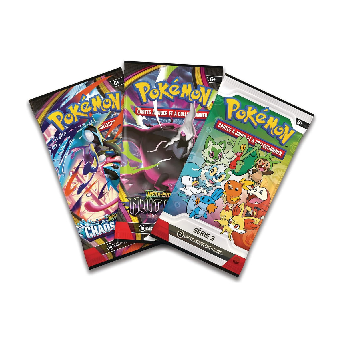 Les 3 boosters du Coffret Premiers Partenaires Série 3 : Chaos Ascendant, Nuit Noire et booster promo Série 3