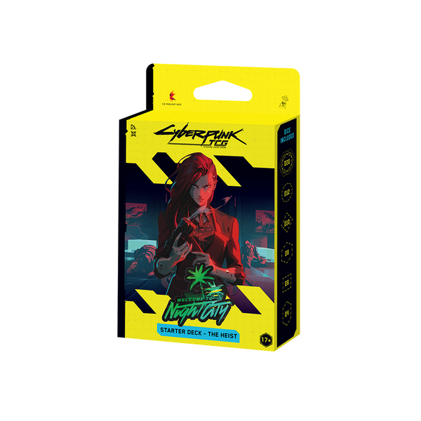 Deck de démarrage Cyberpunk TCG The Heist en anglais, boîte vue de trois quarts