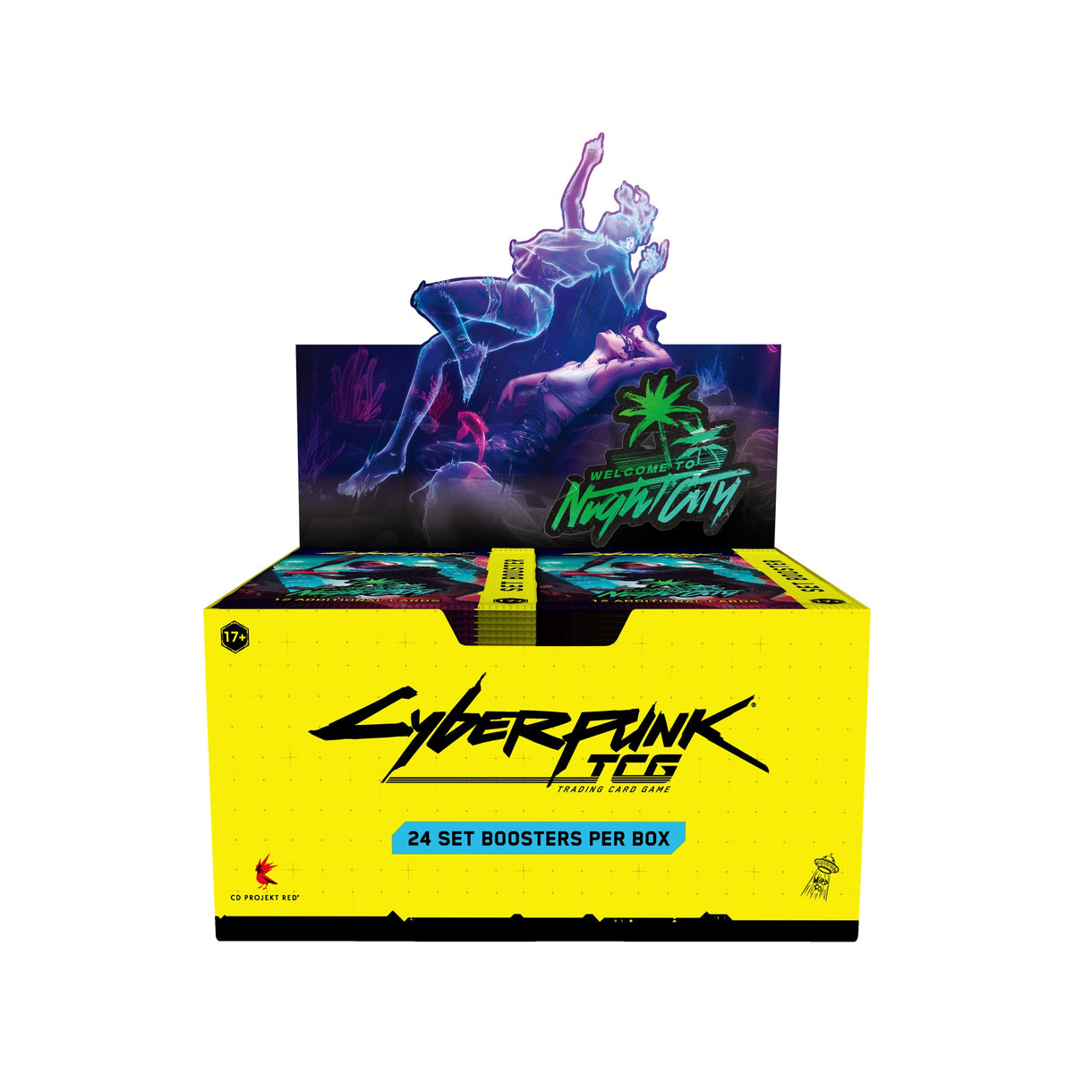 Display Cyberpunk TCG Welcome to Night City, boîte retail ouverte avec son fronton (visuel de la version anglaise)