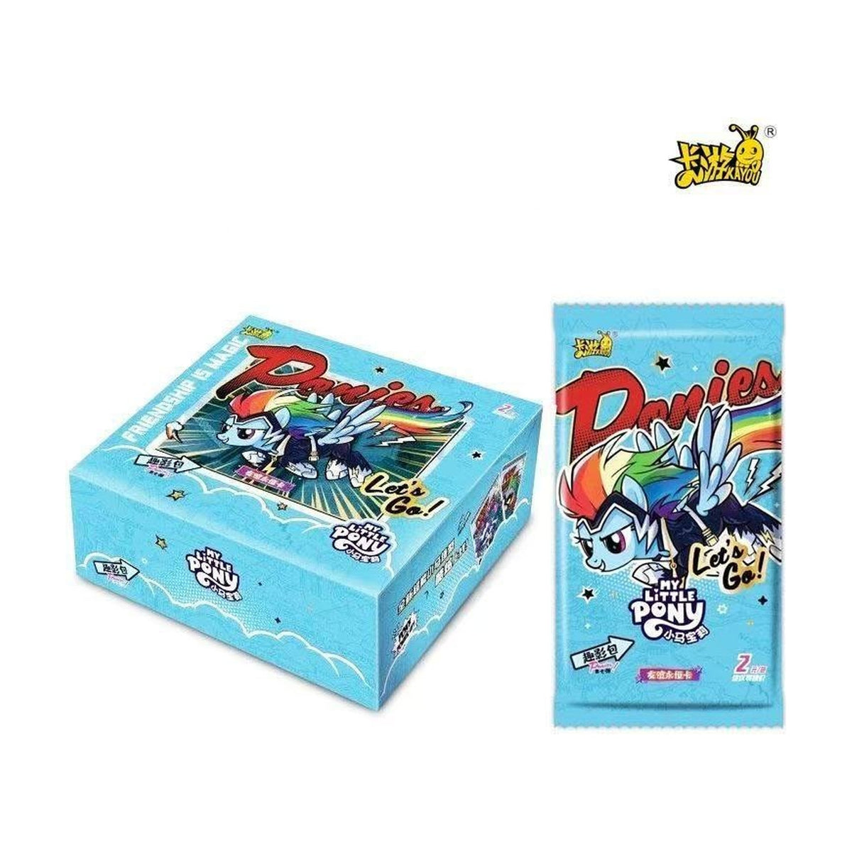 Display My Little Pony Kayou en version chinoise et un de ses boosters, illustration Rainbow Dash « Ponies Let's Go! »