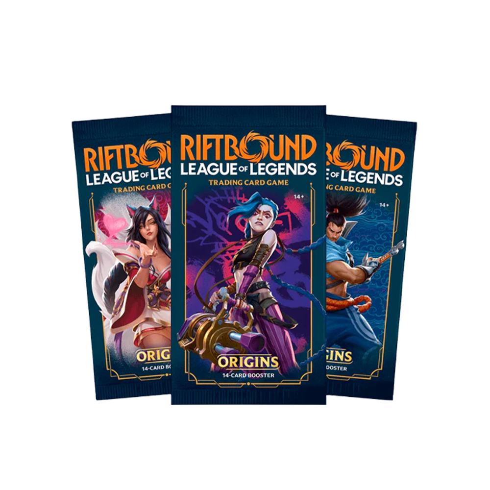 Trois boosters Riftbound Origins (visuel de la version anglaise)
