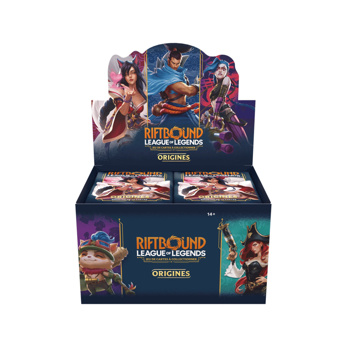 Display Riftbound Origins en français, vue de face : présentoir ouvert avec les boosters, Ahri, Yasuo et Jinx