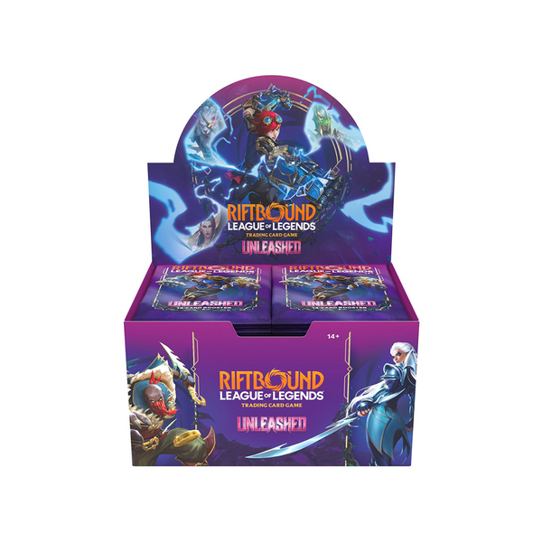 Riftbound Display Unleashed en anglais : boîte de boosters ouverte, vue de face