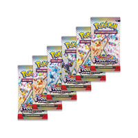 Les 6 boosters Évolutions Prismatiques en français du bundle, en cascade : Voltali, Évoli, Givrali, Noctali, Nymphali