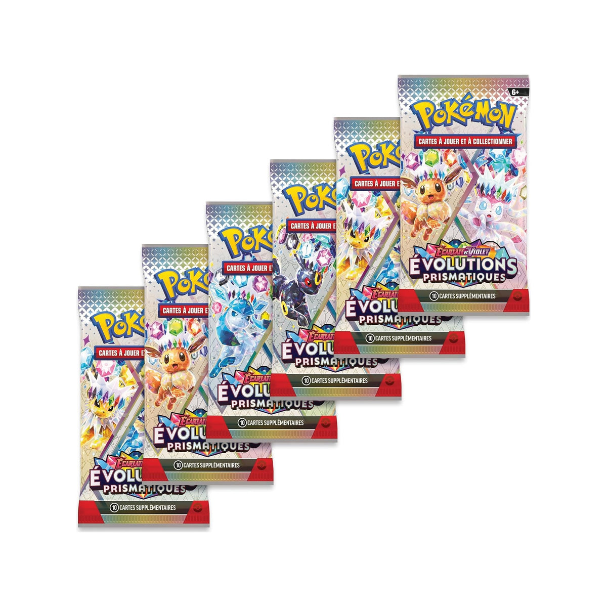 Les 6 boosters Évolutions Prismatiques en français du bundle, en cascade : Voltali, Évoli, Givrali, Noctali, Nymphali