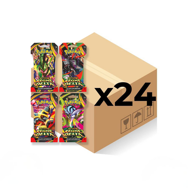 Case de 24 blisters Pokémon Règne Delta (ME6) en français : carton et les 4 modèles de blister