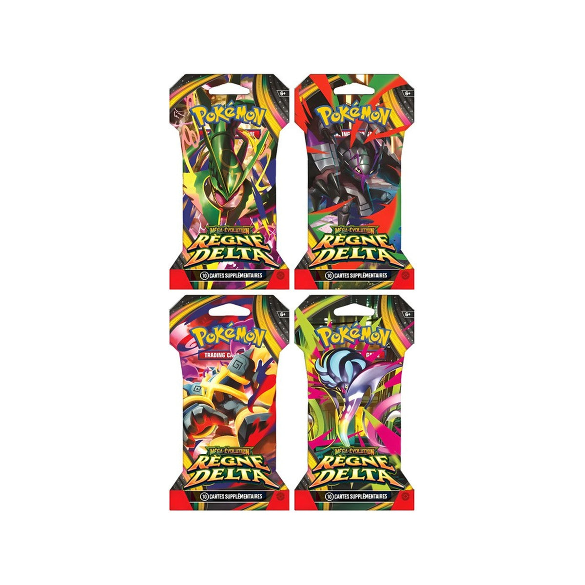 Les 4 modèles de blister 1 booster Pokémon Règne Delta (ME6) en français, vus de face