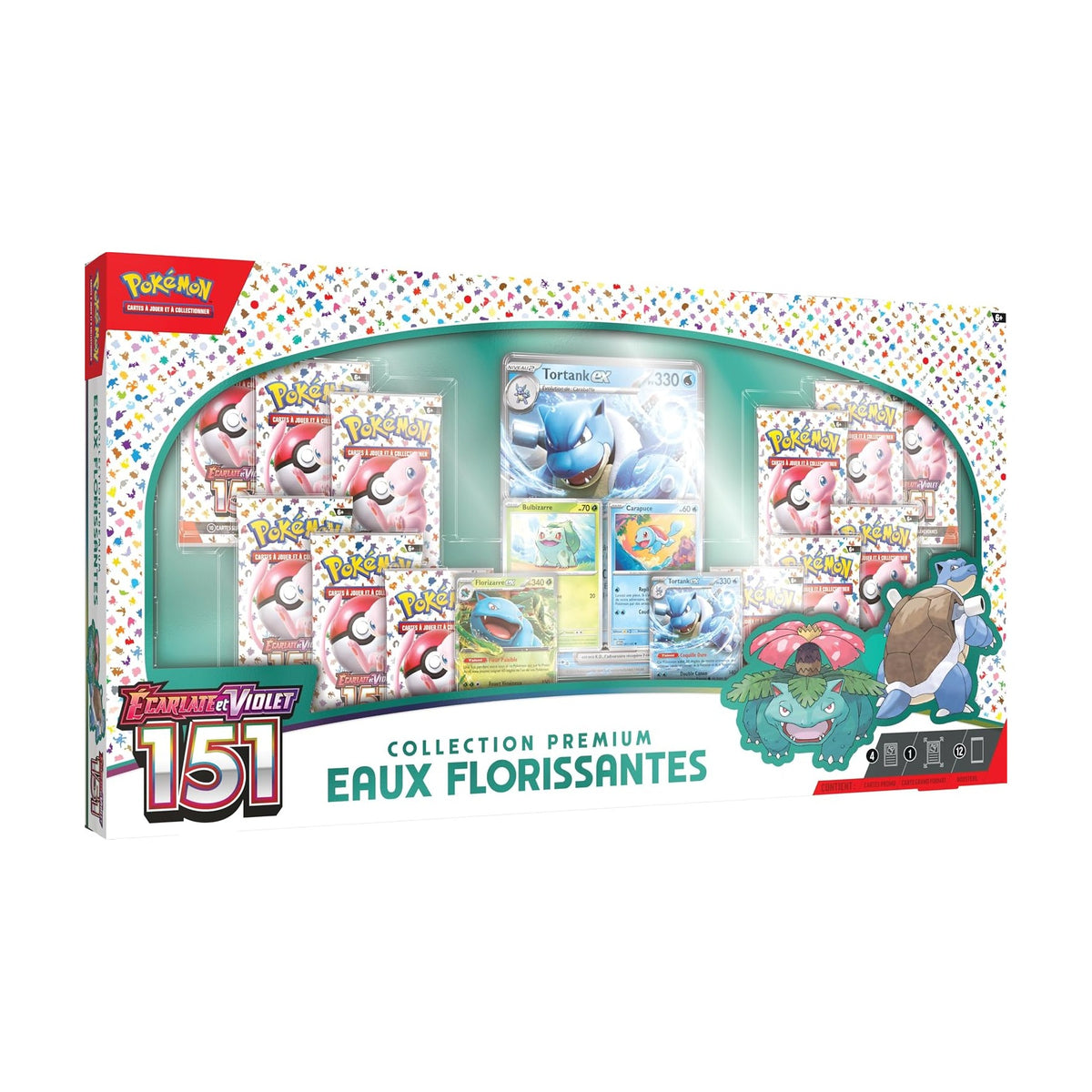 Coffret Collection Premium Eaux Florissantes 151 (EV3.5) en français, de face avec la tranche : boosters et cartes visibles