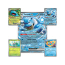 Les 4 cartes brillantes Florizarre-ex, Tortank-ex, Bulbizarre et Carapuce et la carte grand format Tortank-ex, en français