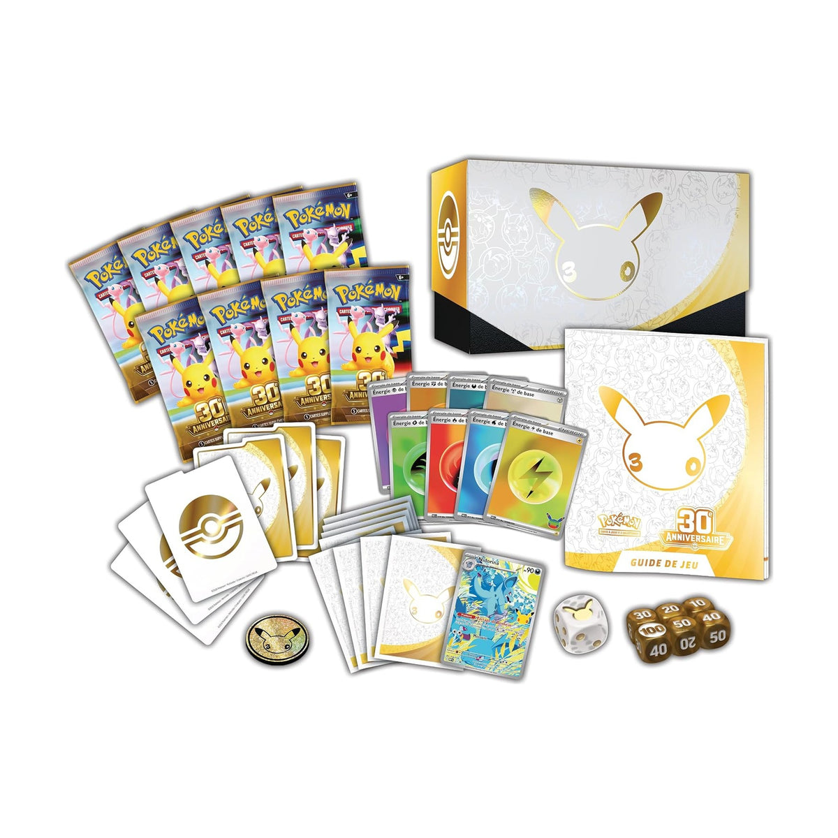 Contenu du Coffret Dresseur d'Élite Pokémon 30e Anniversaire FR : 9 boosters, promo Nidorina, Énergies, dés et coffret