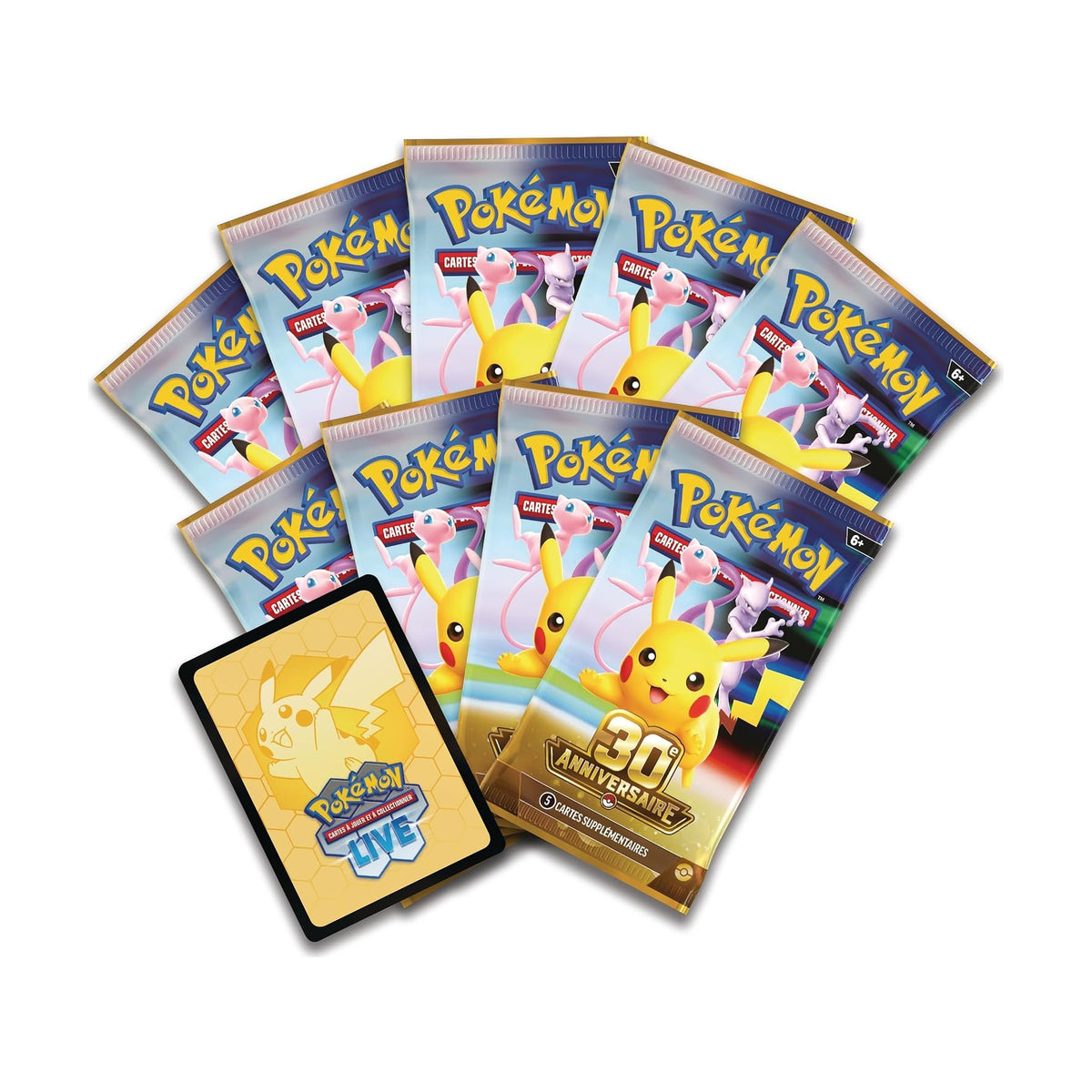 Les 9 boosters 30e Anniversaire et la carte à code Pokémon Live du Coffret Dresseur d'Élite FR