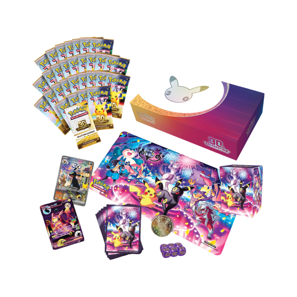 Contenu du Coffret Ultra Premium Soirée Pokémon 30e Anniversaire : boosters, tapis, cartes promo et accessoires