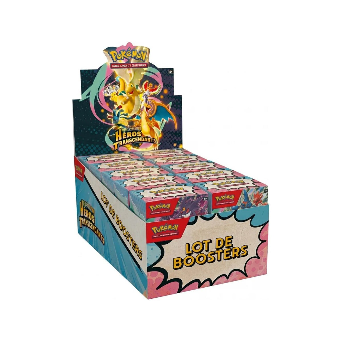 Display Pokémon Héros Transcendants (ME2.5) en français : présentoir « Lot de boosters » garni de 10 bundles
