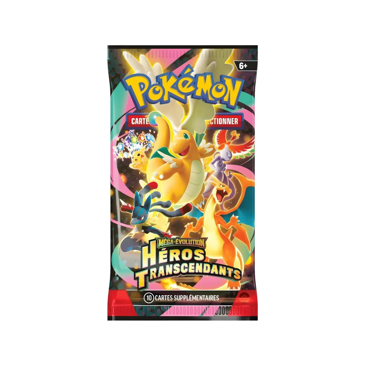 Booster Pokémon Héros Transcendants (ME2.5) en français, illustration Méga-Dracolosse, Dracaufeu et Lucario