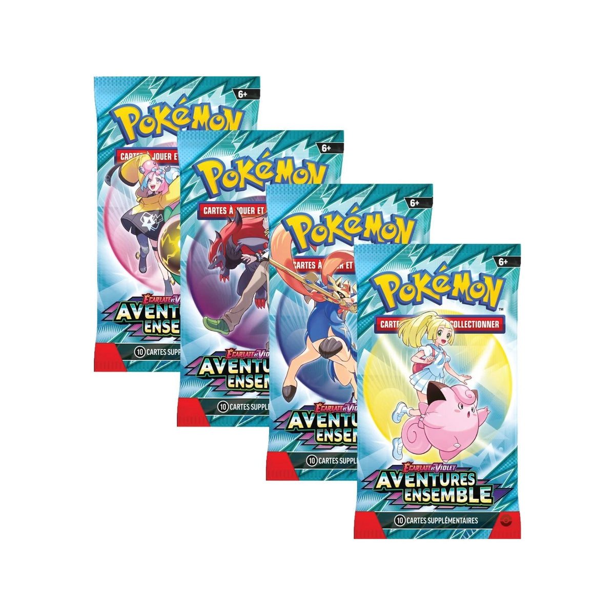 Les 4 boosters Aventures Ensemble en français, en cascade : Iono, Zoroark, Zacian et Mélofée