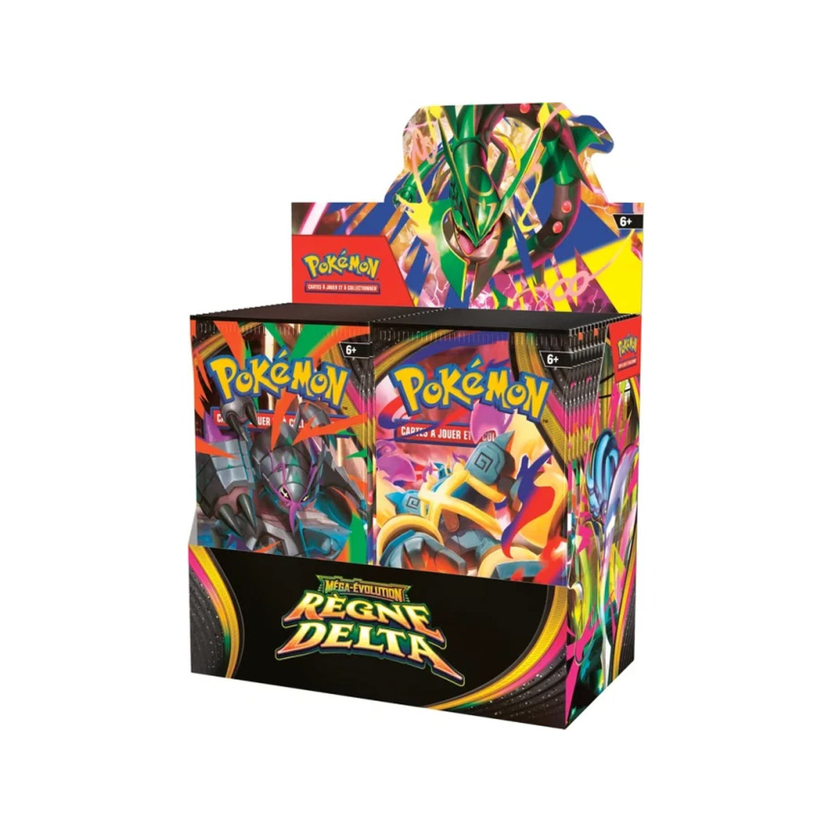 Display Pokémon Règne Delta (ME6) en français vu de trois quarts, avec Méga-Rayquaza-ex