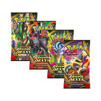 Les 4 boosters Pokémon Règne Delta (ME6) en français contenus dans le display, vus de face