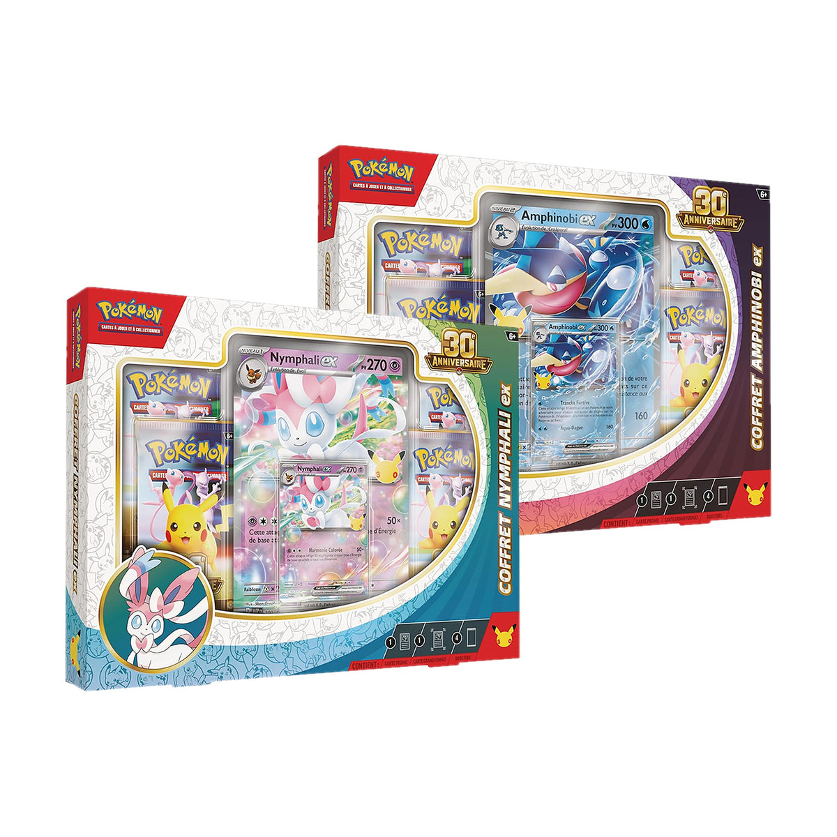 Pack Pokémon 30e Anniversaire : coffret Nymphali-ex devant, coffret Amphinobi-ex en arrière