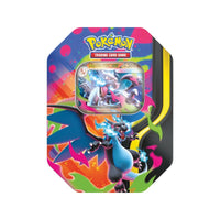 Pokébox Méga-Dracaufeu X-ex seule, vue de face : boîte métal à l'illustration de Méga-Dracaufeu X