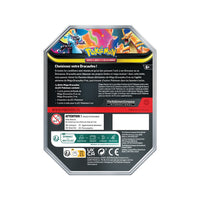 Dos de la Pokébox Méga-Dracaufeu en français : contenu (carte promo, 4 boosters, carte à code) et mentions légales