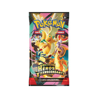 Un booster Méga-Évolution Héros Transcendants en français, de face, Dracolosse, Lucario, Dracaufeu et Ho-Oh