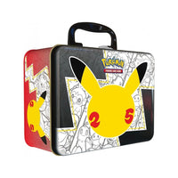 Valisette Célébrations 25 ans fermée, boîte métal à poignée motif Pikachu 25 (visuel de la version anglaise)